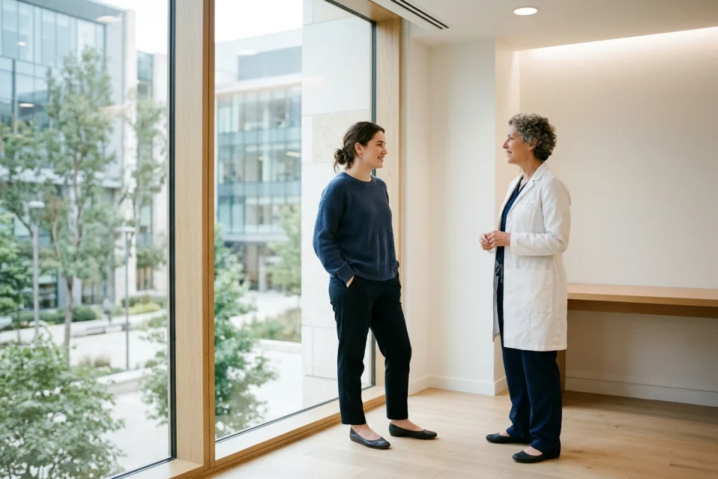 Klinikte genç bir kadın, bacak yakınmalarını kadın hekimle konuşuyor