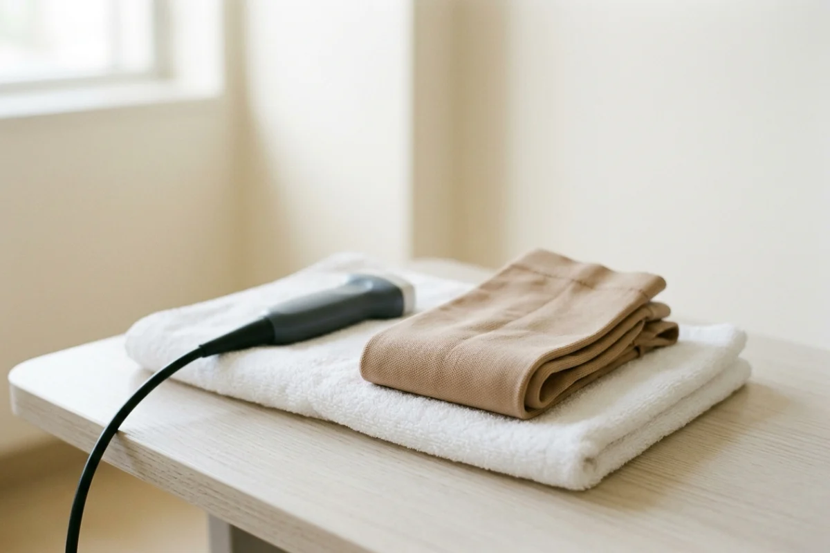 Ultrasound probe and a folded compression stocking on a white towel