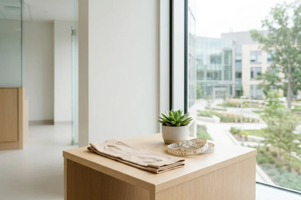 A beige compression sleeve and a coiled measuring tape on a wooden stand in a bright office