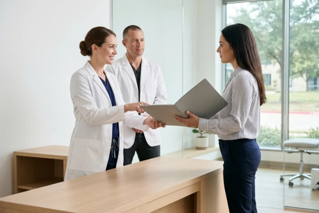 İki doktorun bir kadın hastayla ellerindeki dosyayı inceleyerek konuştuğu klinik ortamı
