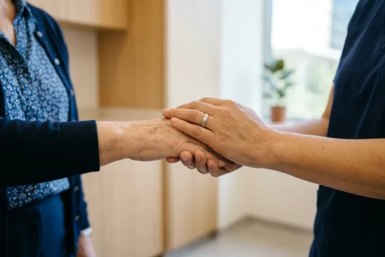Klinikte bir sağlık çalışanı, hastanın elini tutarak ona destek oluyor
