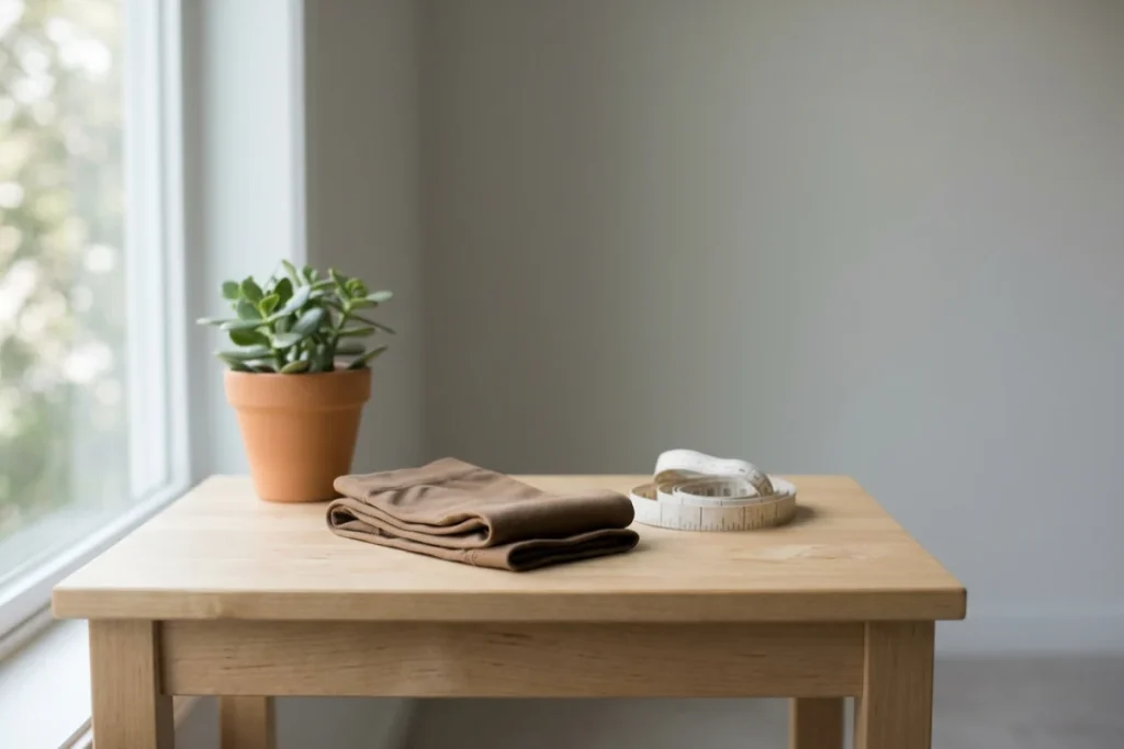 Folded brown hosiery and a white measuring tape on a wooden table beside a potted plant