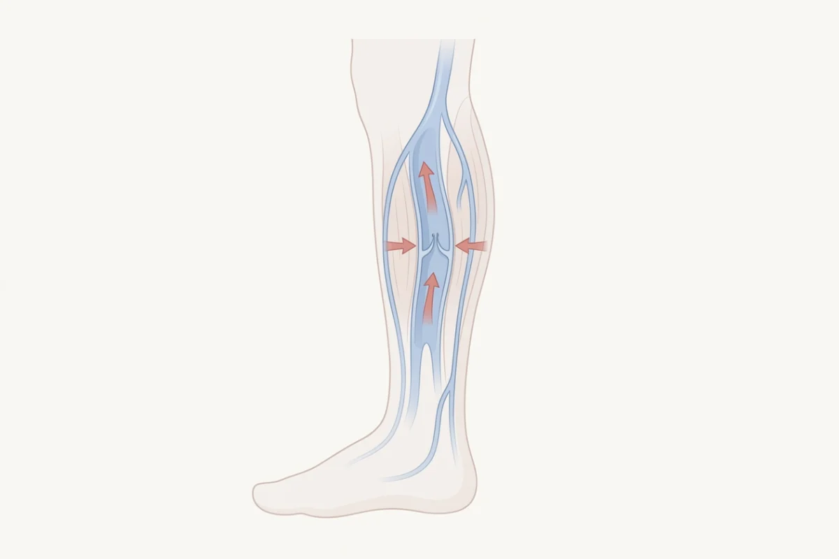 Medical illustration of a leg showing blue veins with red arrows indicating compression and upward blood flow